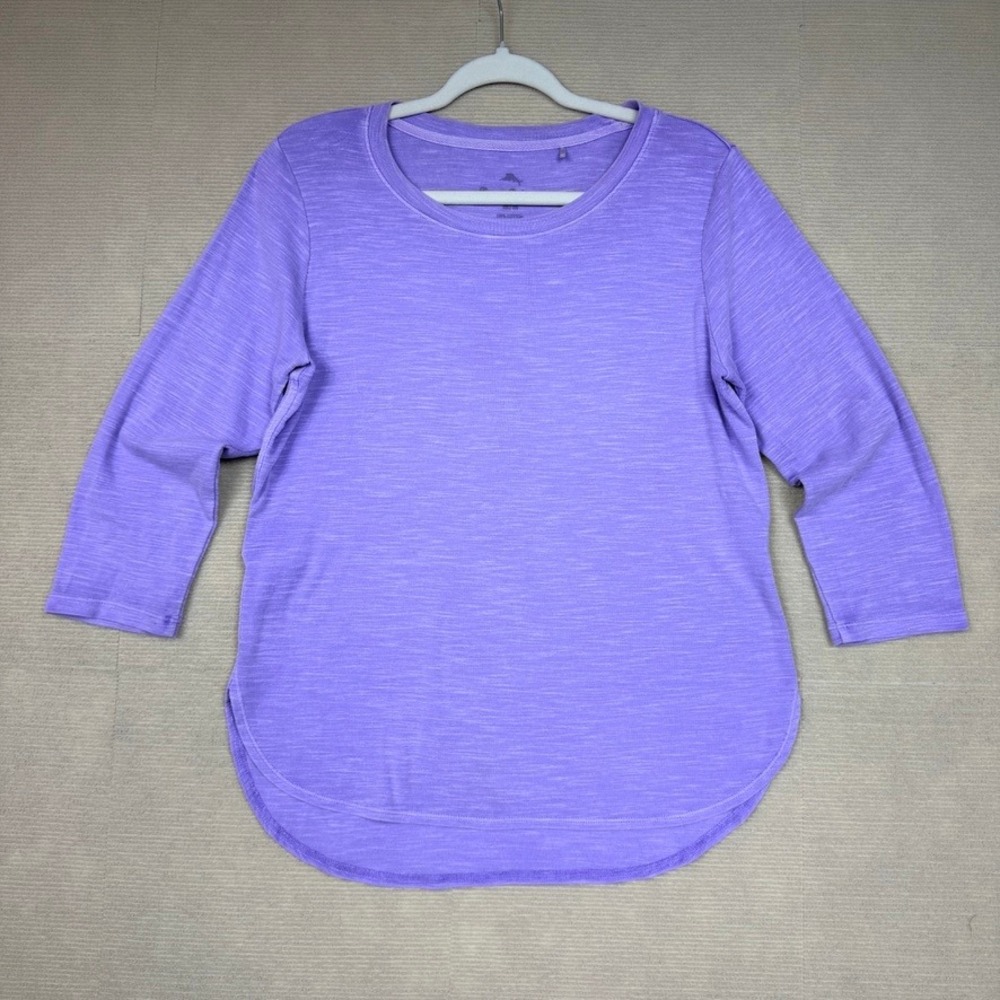 Tommy Bahama Purple Slub Knit 3/4 Sleeve Top Curved Hem M